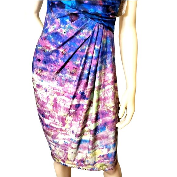 Suzi Chin Sm Y2k Dress Drape Neck Knee Length Sheath Tie-dye Bodycon Dead Stock - Picture 14 of 14